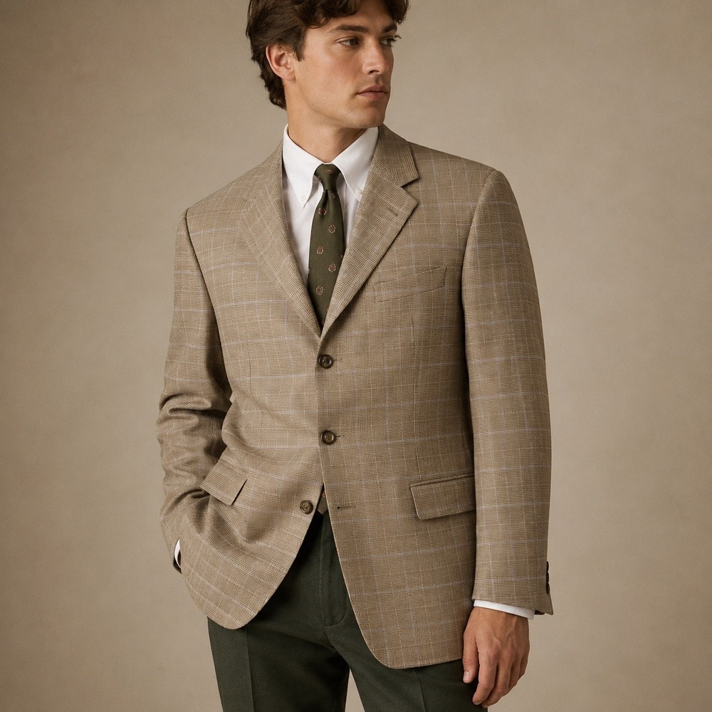 Vintage Burberry London Sport Coat Tan Wool Glen Plaid Blazer Size 44L USA Made